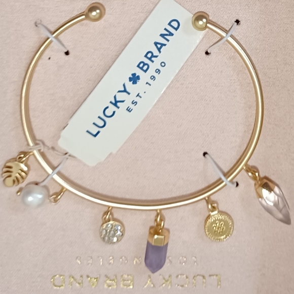 LUCKY BRAND 🍀 GOLD QUARTZ AMETHYST HEALIING GEMSTONES CHARM BANGLE BRACELET - Picture 5 of 9